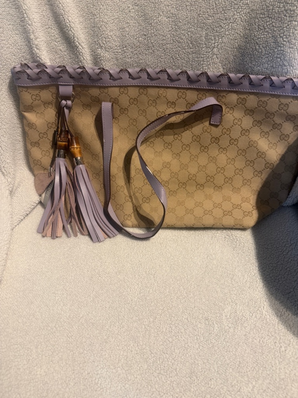Gucci Beige GG Canvas Tote with Lavender Leather Trim and Tassels